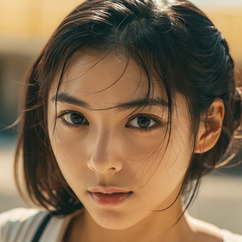 A hyper-realistic image of a single Japanese woman in her early 20s, captured with the nostalgic warmth and subtle graininess of a film camera. Her skin has a warm beige tone with a natural, slightly rough texture that includes visible pores, fine lines, and subtle imperfections such as small blemishes, adding to the authenticity of her appearance. The soft, diffused natural light enhances the film-like quality, casting gentle shadows that create a timeless, organic feel. Her straight, glossy black hair frames her face in a natural, slightly tousled manner, and her deep brown eyes reflect the ambient light, adding depth and emotion. The film camera effect introduces a slight grain and a softer focus, giving the image a warm, nostalgic atmosphere while maintaining the realistic texture of her skin. She is dressed simply, in a way that complements her natural beauty, with the overall composition designed to evoke a sense of genuine, understated elegance. The use of natural light, combined with the deliberately rougher texture of her skin and the film-like qualities, ensures that this image captures the imperfections that make her beauty truly lifelike, focusing solely on this one individual.