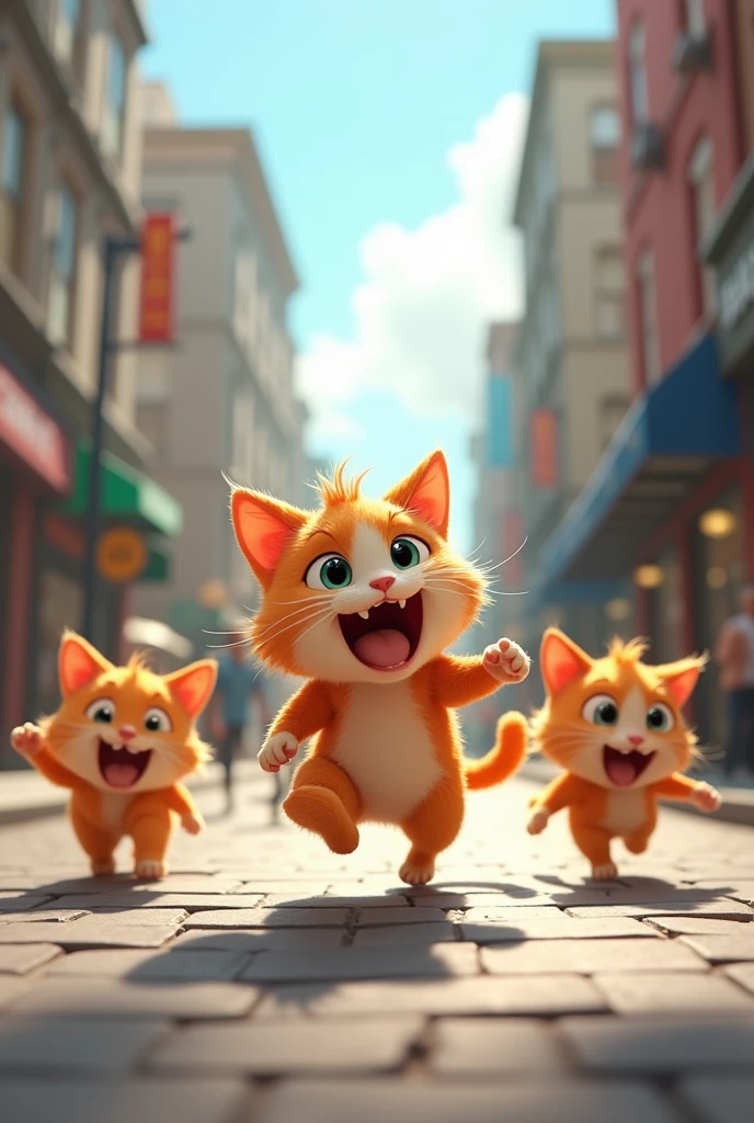 Animated cat walking on street playing with friends rolling in air and jumping