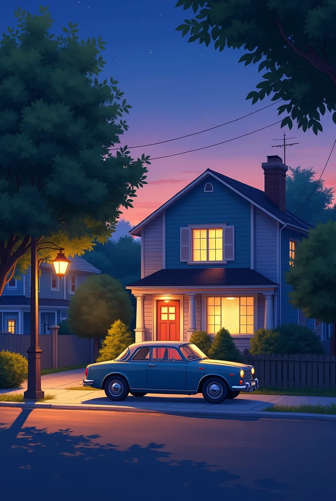 "An anime-style 4K wallpaper of a peaceful suburban neighborhood street at dusk. The scene features a vintage car parked in the driveway of a cozy house. Warm, golden lights glow softly from the house's windows, casting a welcoming aura. The sky above is a deepening twilight, transitioning from shades of purple to dark blue, with twinkling stars beginning to appear. Lush trees line the street, and shadows stretch gently across the pavement, creating a serene and nostalgic atmosphere."