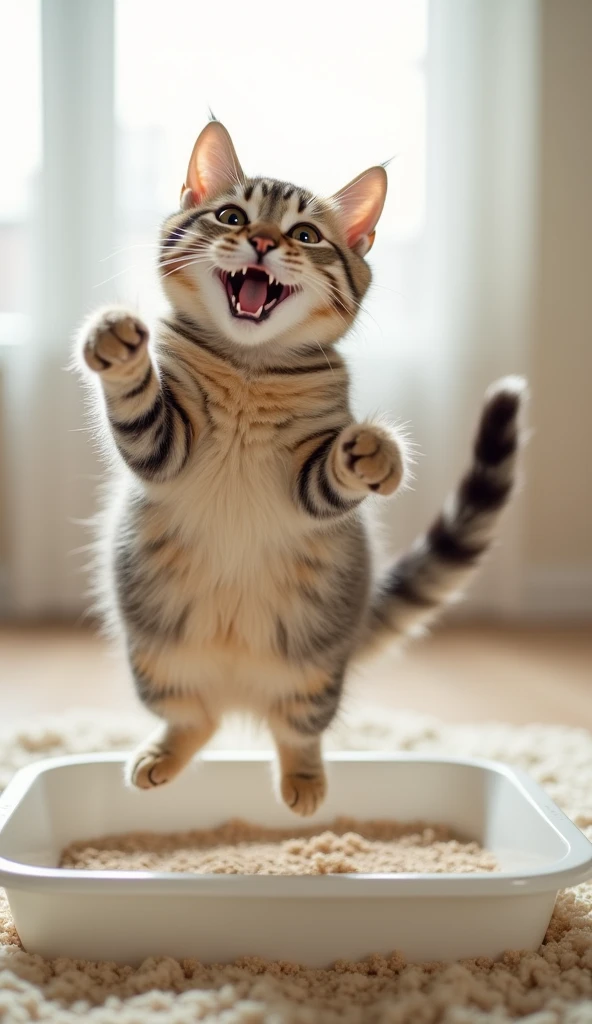 A scene of a cat extremely happy in front of a clean litter box. The cat is jumping up with joy, its eyes sparkling with satisfaction as it smiles contentedly. The litter box is spotless, with the litter evenly spread, and there is no mess around. The cat’s tail is standing straight up, expressing its happiness with its whole body. The background is brightly lit, highlighting the cleanliness of the litter area and emphasizing the cat’s great satisfaction.