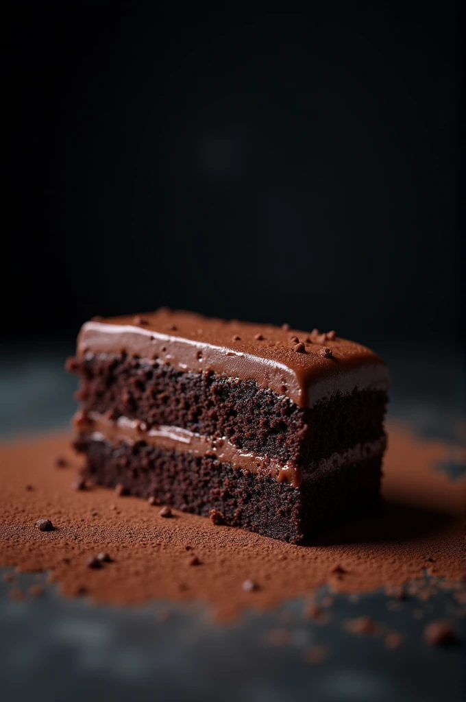 cinematic film still chocolate, chocolate cake, dark background, quality photo, moist texture, frosting, studio photo, slice . shallow depth of field, vignette, highly detailed, high budget, bokeh, cinemascope, moody, epic, gorgeous, film grain, grainy