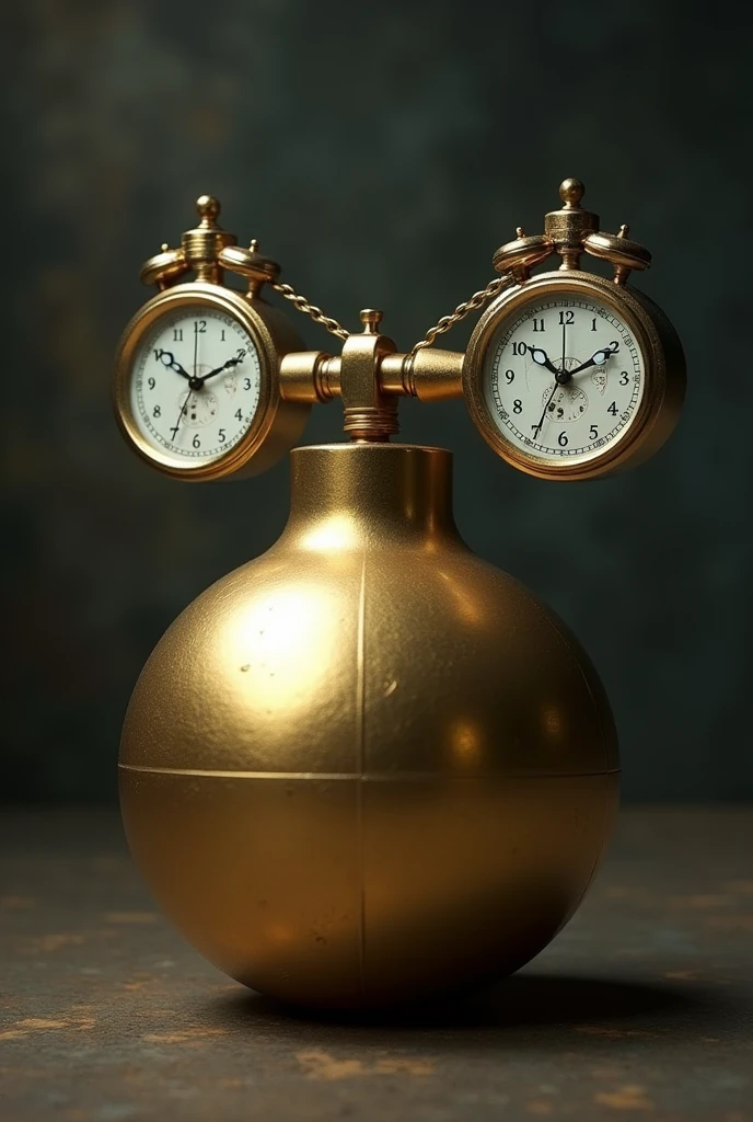 A golden bomb with silver clocks on the ears
