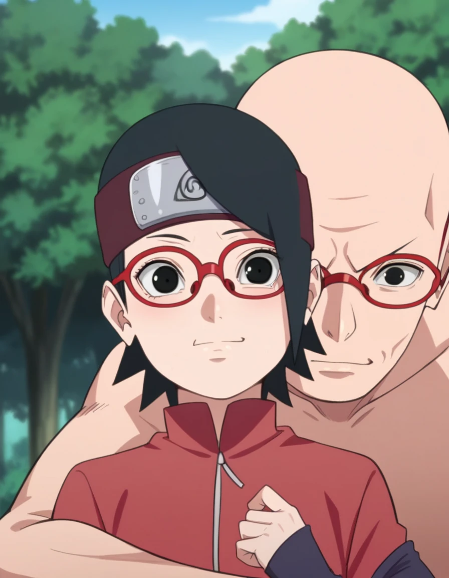 score_9, score_8_up, score_7_up, source_anime, (sarada uchiha, solo, younger), (size difference), short hair, black hair, black eyes, red-framed eyewear, glasses, swept bangs, (smug:0.8), closed mouth, light blush, flat chest. 1boy, bald_boy, bald male, bigger male, taller male, hug, couple, 