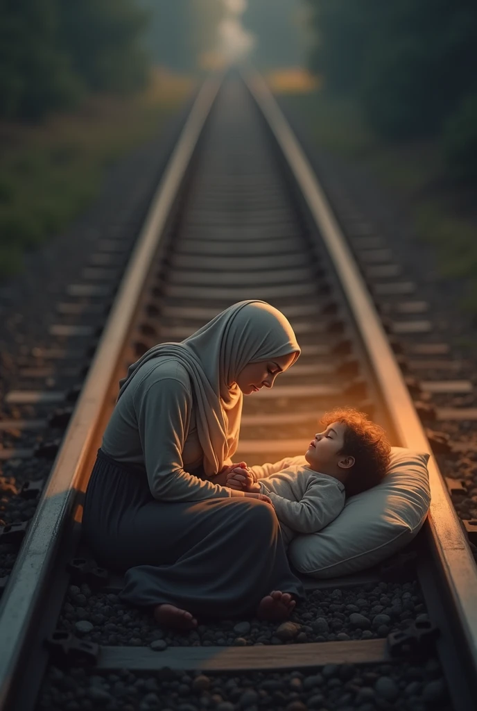 A bare or hijab mother holding her child's hand while sleeping on the beating line has light on both sides