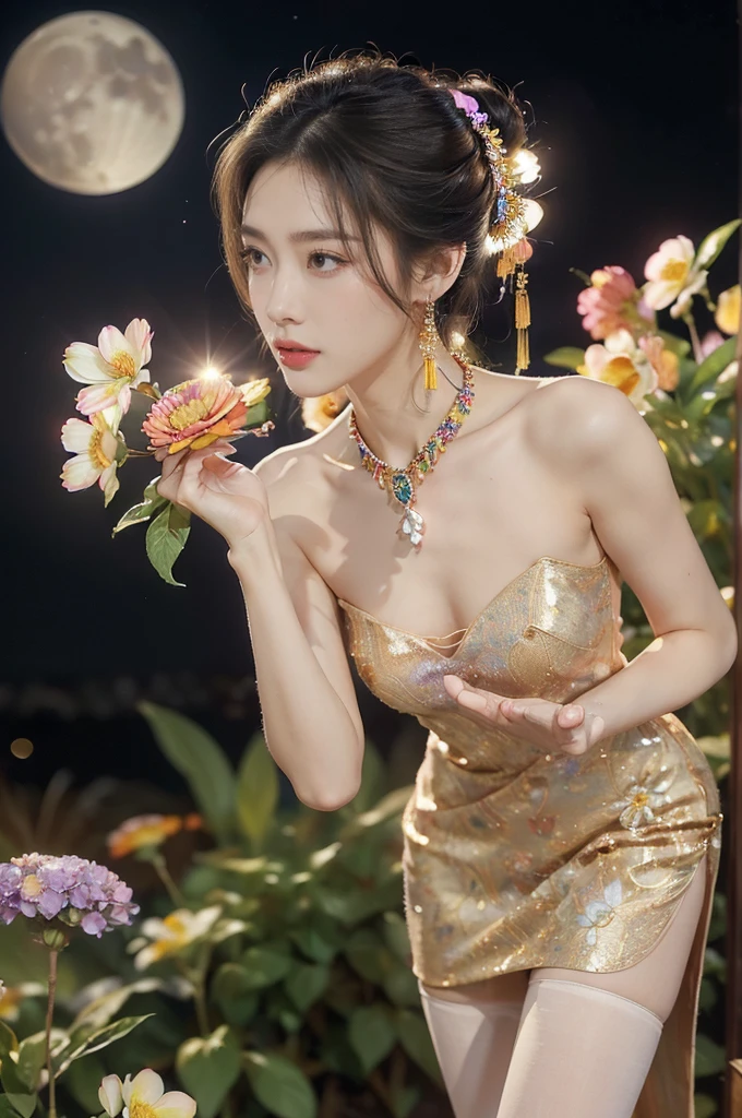 (((best quality))),(((ultra detailed))),(((masterpiece))),illustration,((1 beautiful girl,solo)),(neat chignon:1.2),((earrings,crystal necklace)),((slim,thin)),((small breasts,flat chest)),(slender legs:1.2),(stockings:1.3),(a moon in the clear night sky as the background:1.3), gentle glow,(Standing in the world full of vibrant flowers:1.3),(gorgeous Chinese dress:1.3),sparkling eyes,graceful,(surrounded by crowded colorful flowers:1.5), kaleidoscope, shimmer,bright moonlight, delicate petals, fragrance, otherworldly, magical realm, enchantment, tranquility, essence of beauty, peace,(outdoor:1.),(night scene:1.3),((from front,upper body))