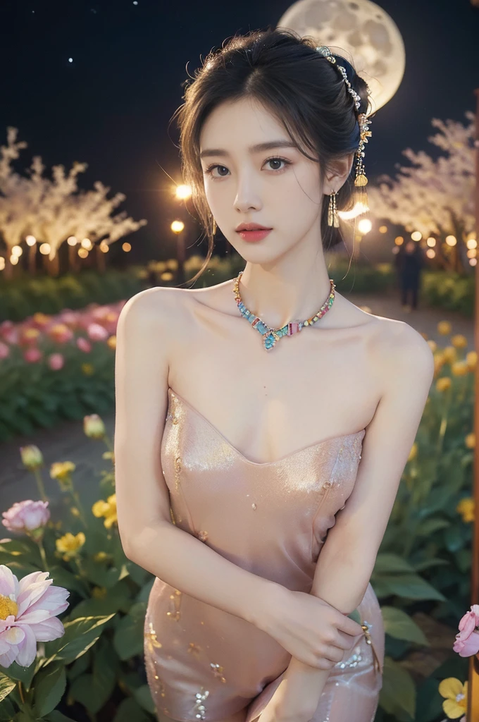 (((best quality))),(((ultra detailed))),(((masterpiece))),illustration,((1 beautiful girl,solo)),(neat chignon:1.2),((earrings,crystal necklace)),((slim,thin)),((small breasts,flat chest)),(slender legs:1.2),(stockings:1.3),(a moon in the clear night sky as the background:1.3), gentle glow,(Standing in the world full of vibrant flowers:1.3),(gorgeous Chinese dress:1.3),sparkling eyes,graceful,(surrounded by crowded colorful flowers:1.5), kaleidoscope, shimmer,bright moonlight, delicate petals, fragrance, otherworldly, magical realm, enchantment, tranquility, essence of beauty, peace,(outdoor:1.),(night scene:1.3),((from front,upper body))