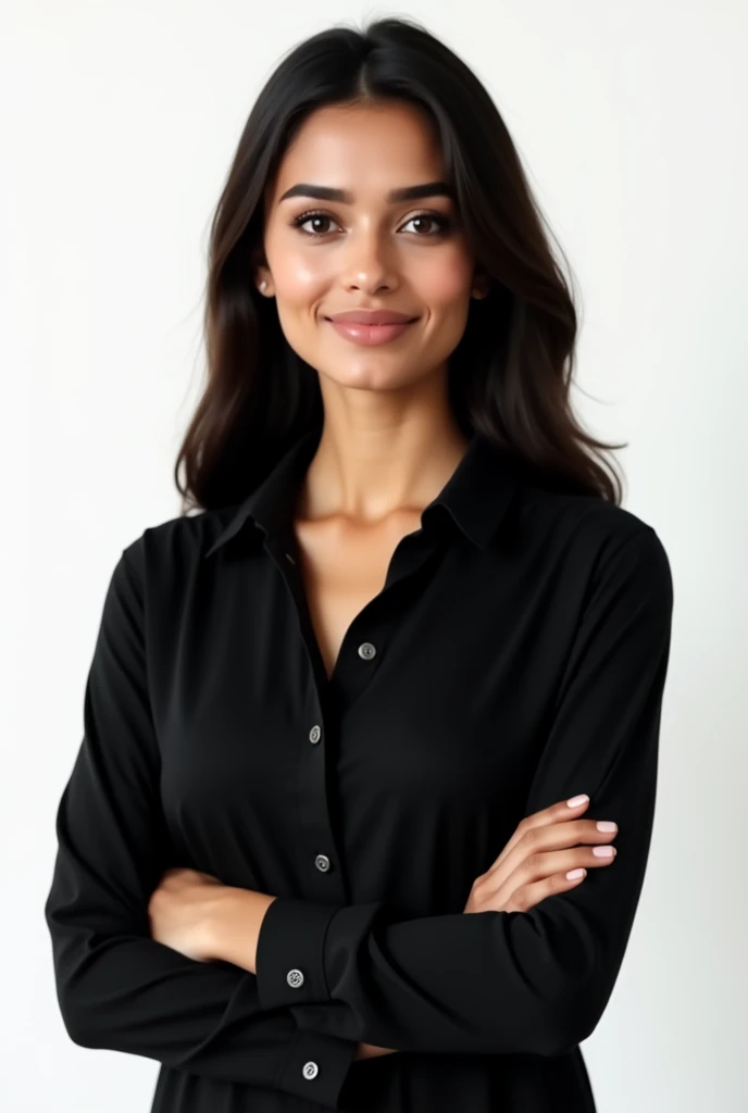 24 old single realistic Pakistani girl standing straight with black shirt looking professional and white background with neat long hair bread
