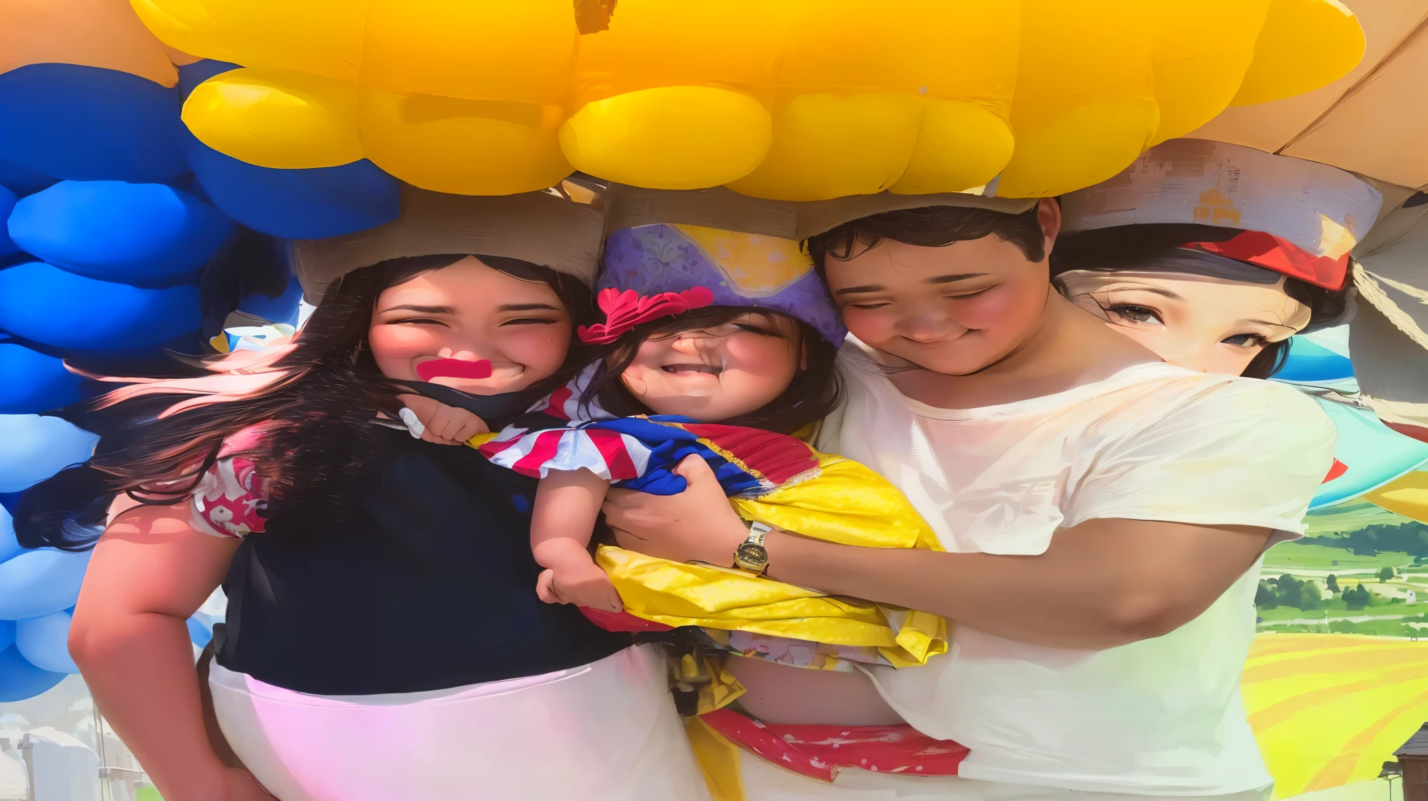 there are two people standing in front of a hot air balloon, family photo, Happy family, 1614572159, photo taken in 2018, happy birthday, valentine shuffle, reddit post, USA-September 20, by Robbie Trevino, by Amélia Peláez, profile image, slide show, Disney artist