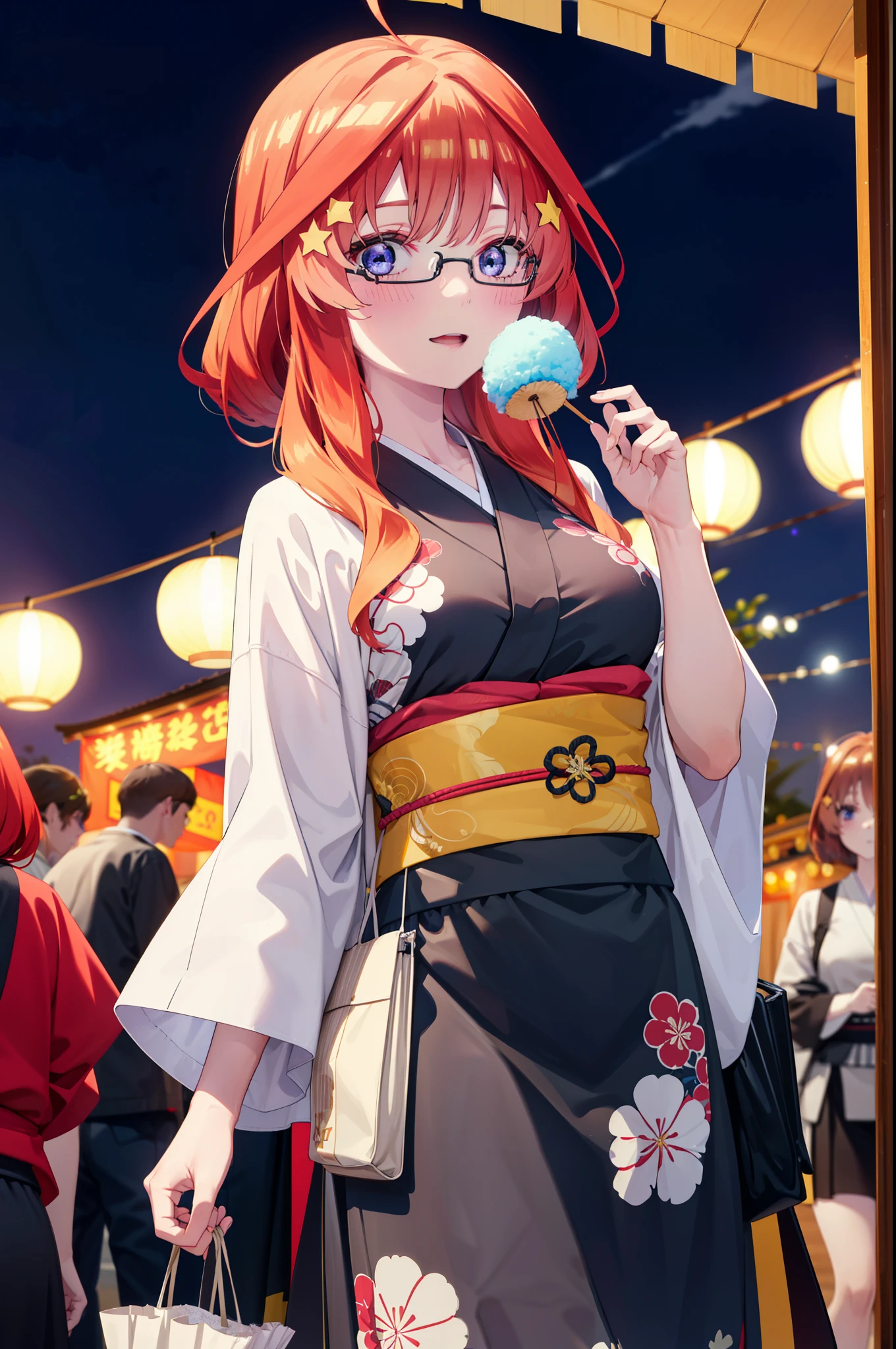 itsukinakano, Itsuki Nakano, bangs, blue eyes, Hair between the eyes, Ahoge, Redhead, star \(symbol\), hair ornaments, star hair ornaments,花のhair ornaments,Black-rimmed glasses,hair tied back,smile,blush,Open your mouth,Big Breasts,night,Red Kimono,Long skirt,He is holding cotton candy in his right hand and a clear bag full of cotton candy in his left hand.,Japanese Festivals,Summer festival food stalls,Red lantern,whole bodyがイラストに入るように,
break looking at viewer,whole body, (Cowboy Shot:1. 5),
break outdoors, Veranda,
break (masterpiece:1.2), Highest quality, High resolution, unity 8k wallpaper, (figure:0.8), (Beautiful attention to detail:1.6), Highly detailed face, Perfect lighting, Highly detailed CG, (Perfect hands, Perfect Anatomy),