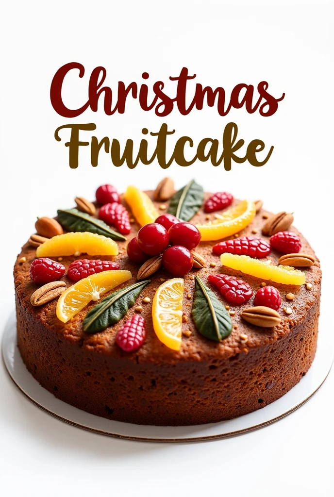 Create a high quality transparent background christmas cake with multicolor text "Christmas Fruitcake"