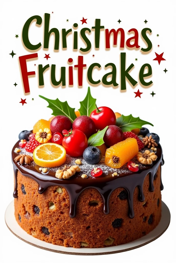 Create a high quality transparent background christmas cake with multicolor text "Christmas Fruitcake"