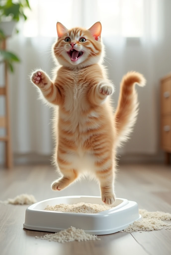 A scene of a cat extremely happy in front of a clean litter box. The cat is jumping up with joy, its eyes sparkling with satisfaction as it smiles contentedly. The litter box is spotless, with the litter evenly spread, and there is no mess around. The cat’s tail is standing straight up, expressing its happiness with its whole body. The background is brightly lit, highlighting the cleanliness of the litter area and emphasizing the cat’s great satisfaction.