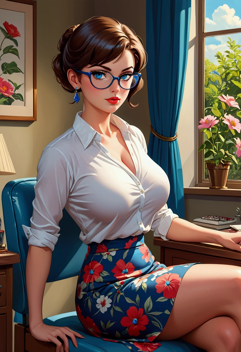 20 years old woman, Short brown hair, Méditerranéenne aux blue eye, Generous and heavy breasts, slender waist, estomac defini, fesses rebondies et pulpeuses, naturally curved, muscular thighs, aguicheuse, au bureau, in a long floral dress , lunettes, earrings , blue eye, Next to, talons