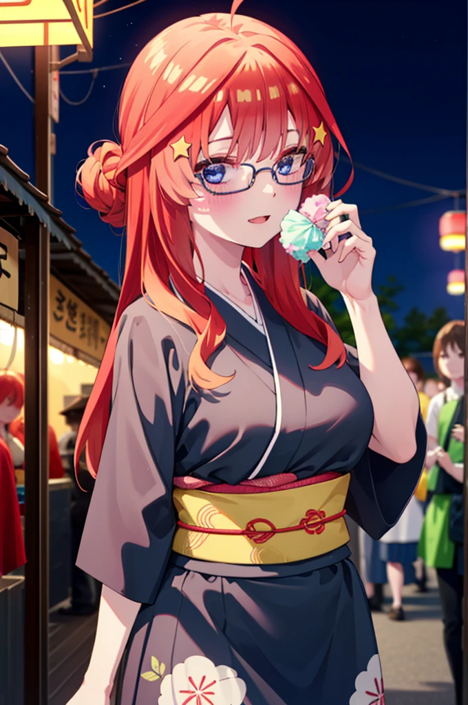 itsukinakano, Itsuki Nakano, bangs, blue eyes, Hair between the eyes, Ahoge, Redhead, star \(symbol\), hair ornaments, star hair ornaments,花のhair ornaments,Black-rimmed glasses,hair tied back,smile,blush,Open your mouth,Big Breasts,night,Red Kimono,Long skirt,He is holding cotton candy in his right hand and a clear bag full of cotton candy in his left hand.,Japanese Festivals,Summer festival food stalls,Red lantern,whole bodyがイラストに入るように,
break looking at viewer,whole body, (Cowboy Shot:1. 5),
break outdoors, Veranda,
break (masterpiece:1.2), Highest quality, High resolution, unity 8k wallpaper, (figure:0.8), (Beautiful attention to detail:1.6), Highly detailed face, Perfect lighting, Highly detailed CG, (Perfect hands, Perfect Anatomy),