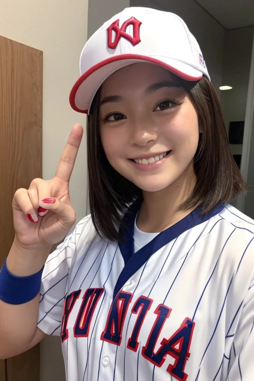 A young woman、He is posing in the white baseball club manager of the Japanese national team.。Her hair is middle, A woman makes a peace sign with her right hand、The left hand is placed next to the door。She is smiling at the camera.、Has a friendly expression。Softball Stadium、I&#39;m rooting for you、((show very big breasts:1.8)),((show huge cleavage:1.8)) ,gigantic breasts