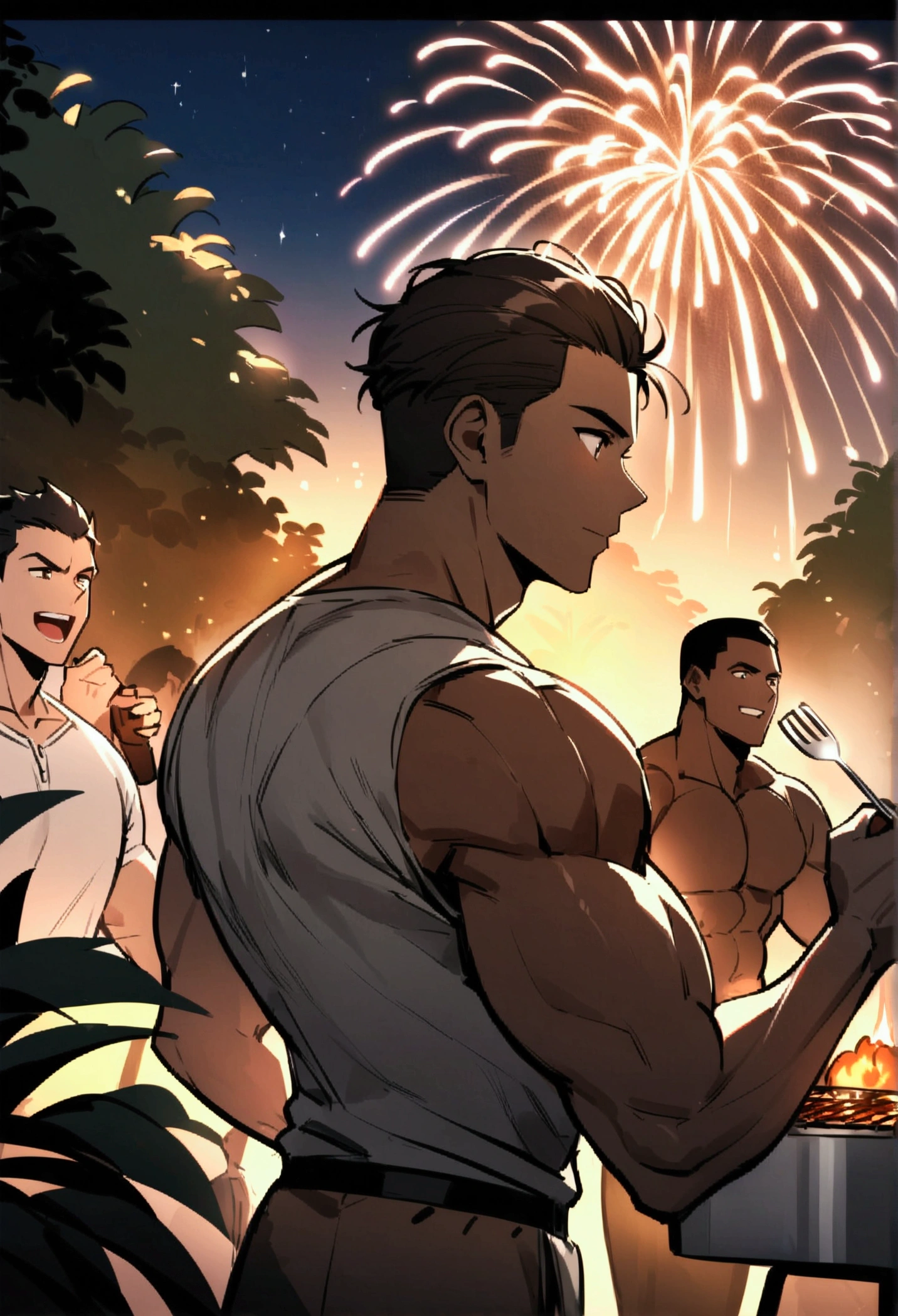 Highest quality、Four muscular men with short hair are having a barbecue in the garden、firework、Brown Skin、A fun atmosphere