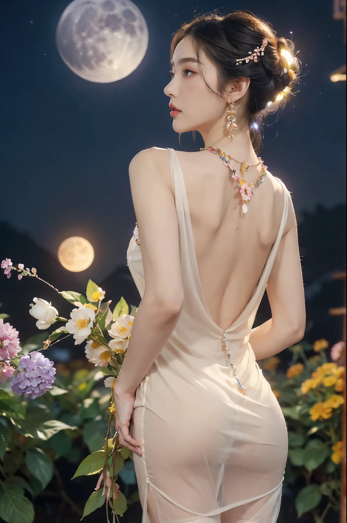 (((best quality))),(((ultra detailed))),(((masterpiece))),illustration,((1 girl,solo)),(neat chignon:1.2),(beautiful face:1.3),((earrings,crystal necklace)),((slim,thin)),((bare back,towering hips,butt crack)),(stockings:1.3),(a moon in the clear night sky as the background:1.3), gentle glow,(Standing in the world full of vibrant flowers:1.3),(gorgeous sheer Chinese dress:1.3),sparkling eyes,graceful,(surrounded by crowded colorful flowers:1.5), kaleidoscope, shimmer,bright moonlight, delicate petals, fragrance, otherworldly, magical realm, enchantment, tranquility, essence of beauty, peace,(outdoor:1.2),(night scene:1.3),((from back,upper body))