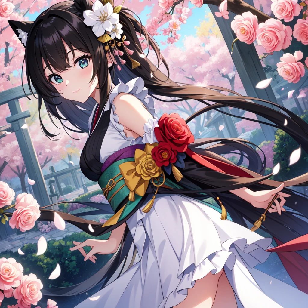 masterpiece,Highest quality,high definition,High resolution,4K,8k,Ultra-high-definition CG,masterpiece,Highest quality,high definition,High resolution,4K,8k,Ultra-high-definition CG,Anime illustration style,1girl, anime painted, front angle, pose standing, shiny black twin tail hair,black, accessories ribbon, expression smiling,arms behind back,Scene of a garden full of flowers、kimono、Behaving gracefully。fashion model posing ,shiny skin,Low angle ,fashion model posing ,flowers.
