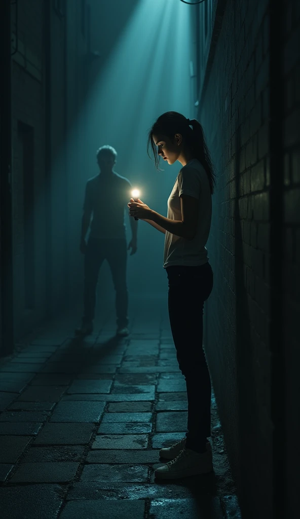 A tense, dark alley scene with deep shadows and an eerie atmosphere. The young woman stands firm, clutching a flashlight, her face filled with determination. The shadowy figure stands further back in the alley, bathed in an unsettling, dim light.