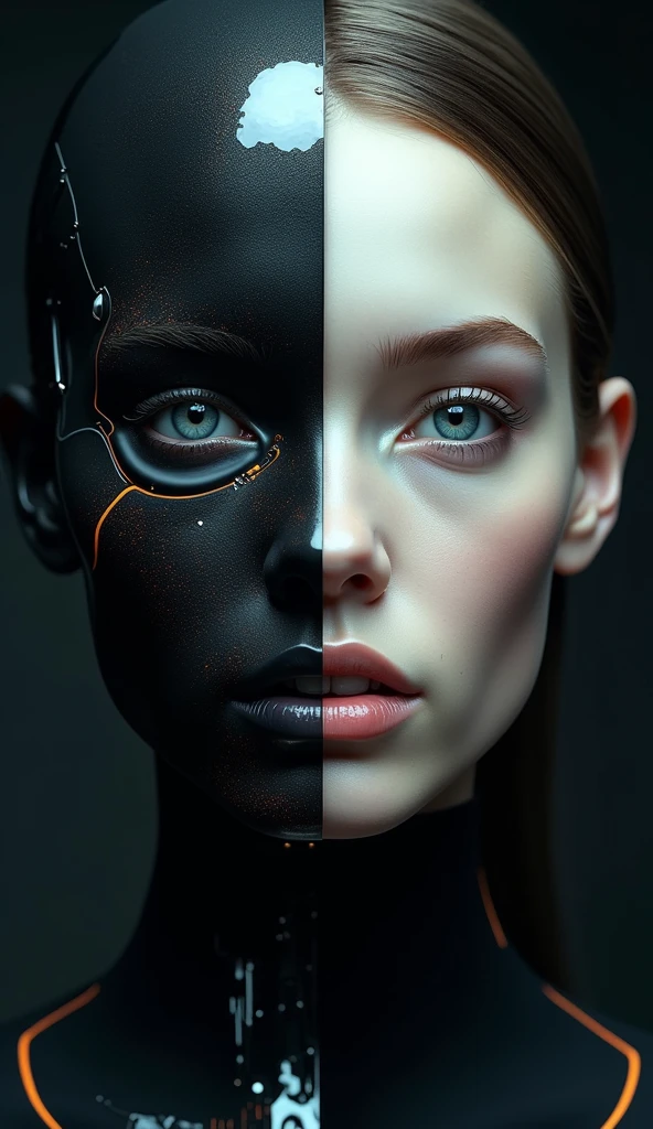 A futuristic cyborg's face fills the frame, split by a metallic-organic dichotomy. Metallic half: gears whirring, wires snaking, mechanical parts clicking. Organic half: black ink tattoos swirl, symbols blend seamlessly into metal. Eyes: cybernetic gold glow on one side, piercing natural intensity on the other. Red-black abstract background complements the face. High contrast emphasizes intricate details: circuitry patterns, shapes, and gears merge in a technological-human fusion.
