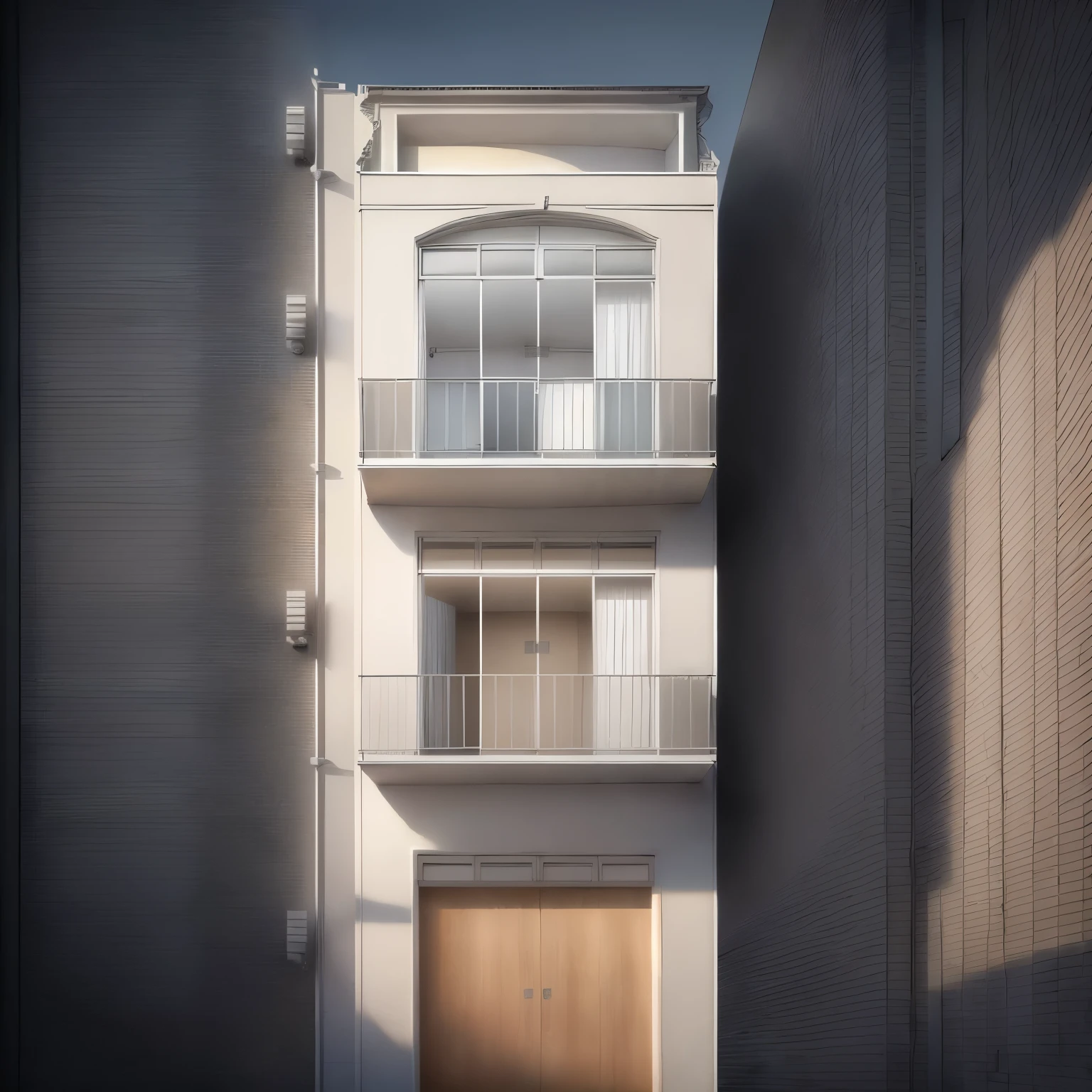 un dessin d'un bâtiment de trois étages avec des balcons et des balcons, détails réalistes en hauteur, 3 portes, porte de balcon, appartement 2j, appartement 2j design, 2 d AutoCAD, architecture détaillée, Niveau de détail extrêmement élevé, bâtiment à plusieurs étages, Éléments de carrosserie détaillés en hauteur, bâtiment faisant face, AutoCAD, vue latérale 2D, magasin très détaillé, vue en élévation