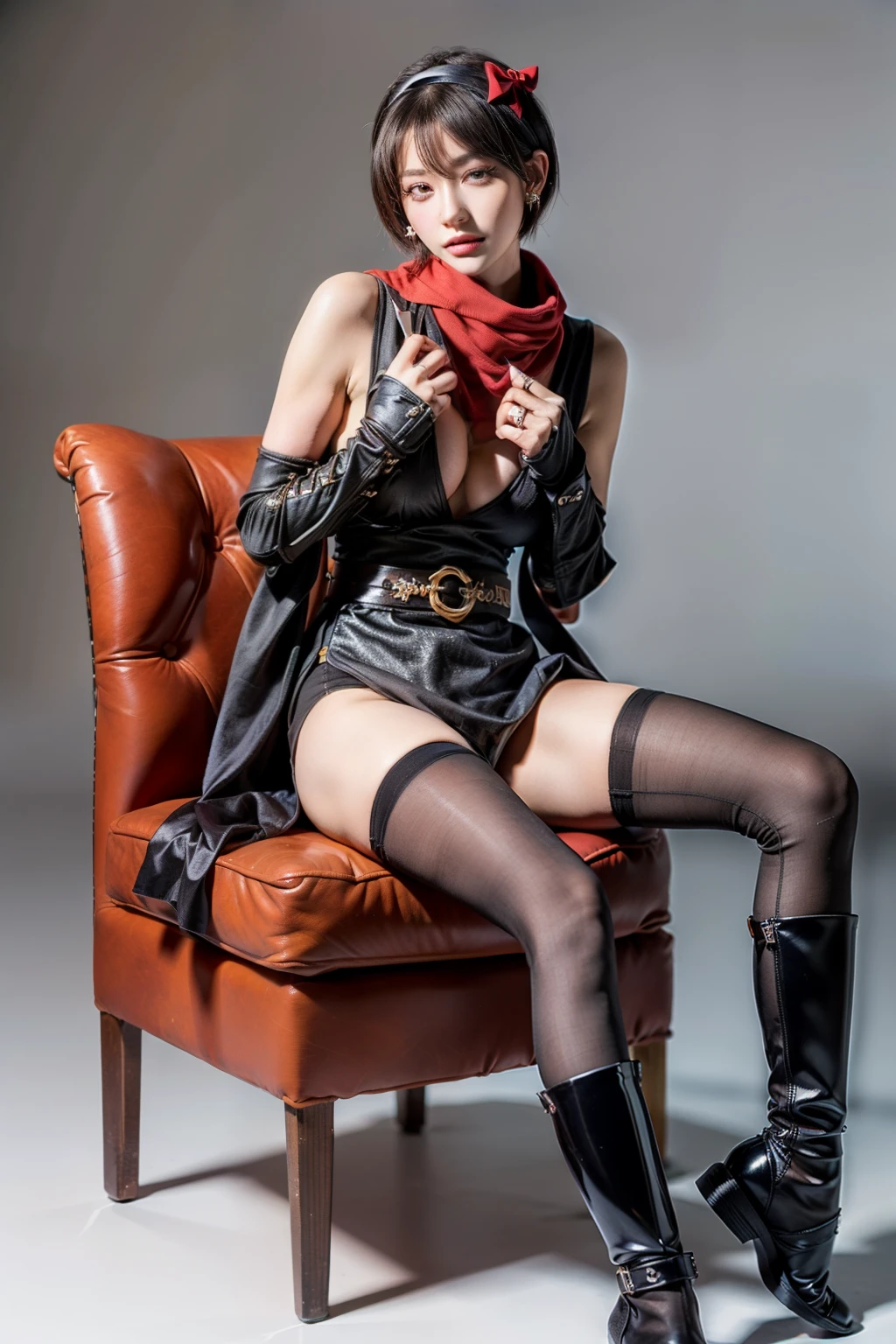 (RAW shooting:1.2, Photoreal:1.5, 8k:1.2, highest quality:1.2, masterpiece:1.2, ultra high resolution:1.2), (perfect dynamic composition:1.2, Highly detailed skin and facial textures:1.2,beautiful and aesthetic:1.2, full body:1.2, Fair skin:1.2), (large breast:1.4, Chest gap:1.4), (perfect limbs:1.2), (perfect fingers:1.2),(1girl:1.2,tall:1.2,sexy:1.2,asian:1.2,glamour:1.2,makeup:1.2),(sitting:1.2,chair:1.2,legs together:1.2),(earrings:1.2),(ragnarok_ninja:1.2),(red ninja scarf:1.2),(black short hair cut:1.2),(hairband:1.2),(double eyelid:1.2),(sash:1.2),(kunai:1.2),(simple background:1.2),(thigh tights:1.2),(ninja boots:1.2),
