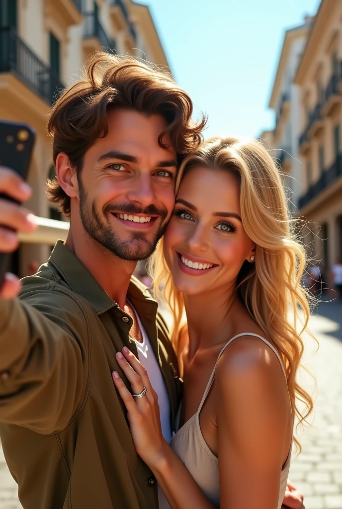 A couple taking a selfie hugging each other, in the summer on the streets of Milan he brown hair and eyes she blonde green eyes 8k ultrarealistic photorealistic 