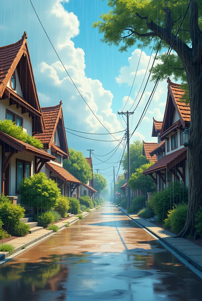 A street with houses on a sunny day with raindrops falling that can be seen