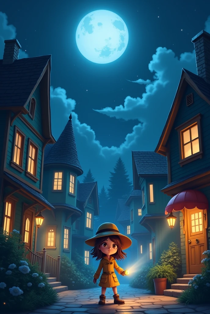 A charming, colorful town bathed in moonlight is now shrouded in darkness. The moon is missing from the sky, and the usually vibrant, playful buildings are dim and shadowy. Ellie Spark, a young girl with a detective hat and a flashlight, stands in the foreground, her face determined and focused.