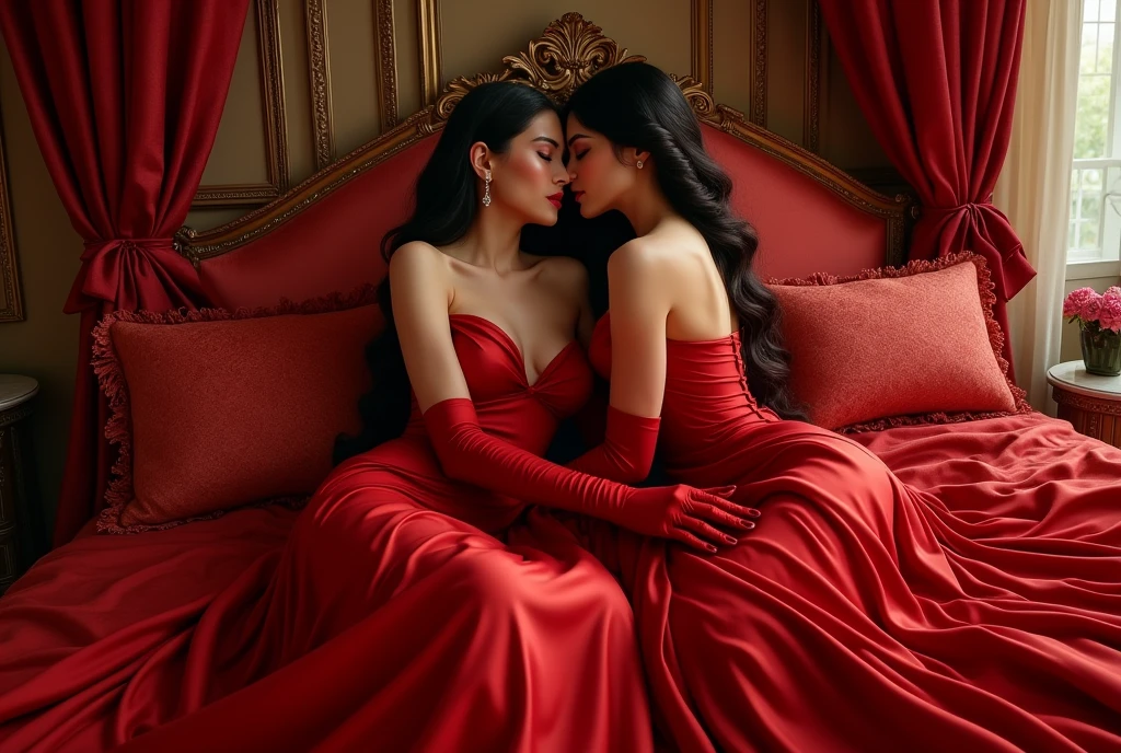 highest quality, masterpiece, highest resolution, artwork, super それにget used to it, many get used to it, get used to it, それにget used to it, romantic, two woman, kissing,((red satin elegant dresses)),red satin velvet evening dresses, red satin long gloves((Gorgeous queen rococo robe satin dress with voluminous full-length hoop skirt)),long sleeve,long dress,A dress with full silk fabric...,luxury,((Palace full satin red bedroom)),((huge satin bed)),Frilled satin red bedspread,many pillows on the bed,fluffy pillow with frills,two woman is sitting and kissing on the bed,luxurious red curtains