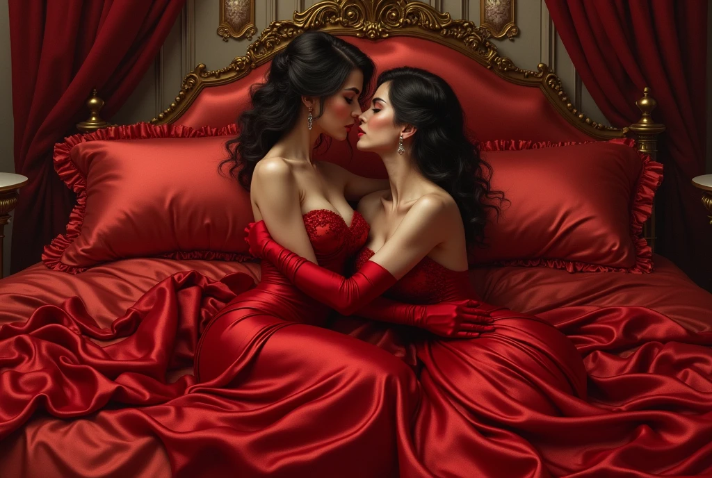 highest quality, masterpiece, highest resolution, artwork, super それにget used to it, many get used to it, get used to it, それにget used to it, romantic, two woman, kissing,((red satin elegant dresses)),red satin velvet evening dresses, red satin long gloves((Gorgeous queen rococo robe satin dress with voluminous full-length hoop skirt)),long sleeve,long dress,A dress with full silk fabric...,luxury,((Palace full satin red bedroom)),((huge satin bed)),Frilled satin red bedspread,many pillows on the bed,fluffy pillow with frills,two woman is sitting and kissing on the bed,luxurious red curtains 