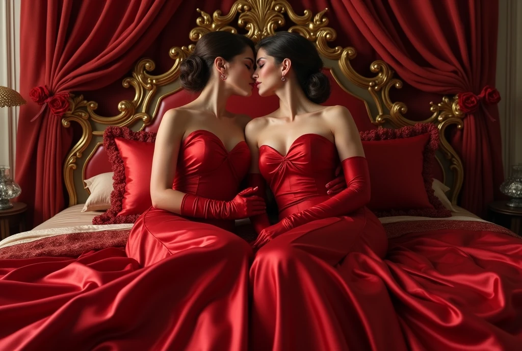 highest quality, masterpiece, highest resolution, artwork, super それにget used to it, many get used to it, get used to it, それにget used to it,love,romantic,four woman,two woman kissing each of their partners,((red satin elegant dresses)),red satin evening dresses,half-naked woman((Gorgeous goddess rococo robe satin dress with voluminous full-length hoop skirt)),long sleeve,long dress,A dress with full silk fabric...,luxury,((Palace full red satin bedroom)),((huge satin bed)),Frilled silk red bedspread,many pillows on the bed,satin pillow with frills,four woman is kissing on the huge bed,luxurious ruffled red curtains