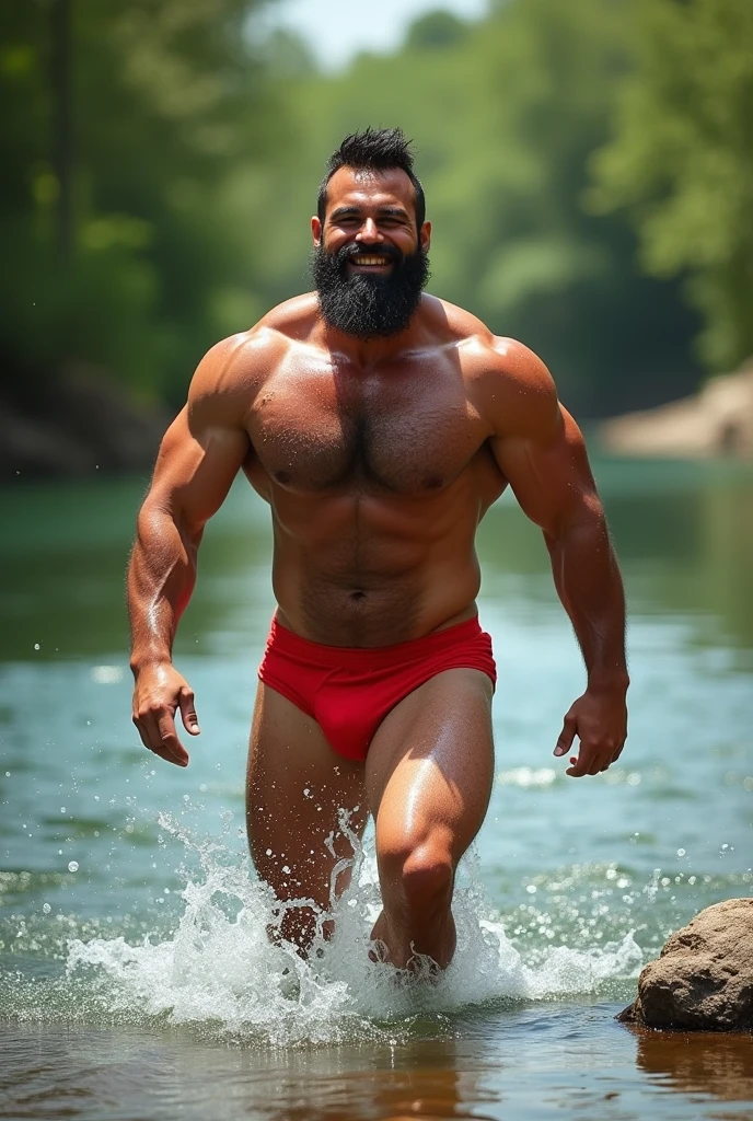 Strong hairy bearded mixed race man walking out of river smiling in red bulging underwear.