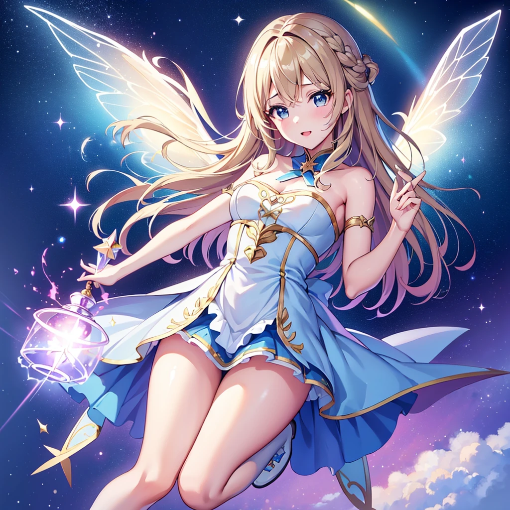 1girl,(((Highest quality、Masterpiece、Official Art、Award-winning works、Perfect Anatomy、Perfect human body、Super detailed、Fine lines of hair、The best dynamic composition)))、Anime Style、Star Fairy、It has transparent rainbow-colored wings growing on its back.、cute、White long boots、☆、Milky Way、universe、Meteors、Giant Star、Charm、Sparkling、Wake Up, Girls!