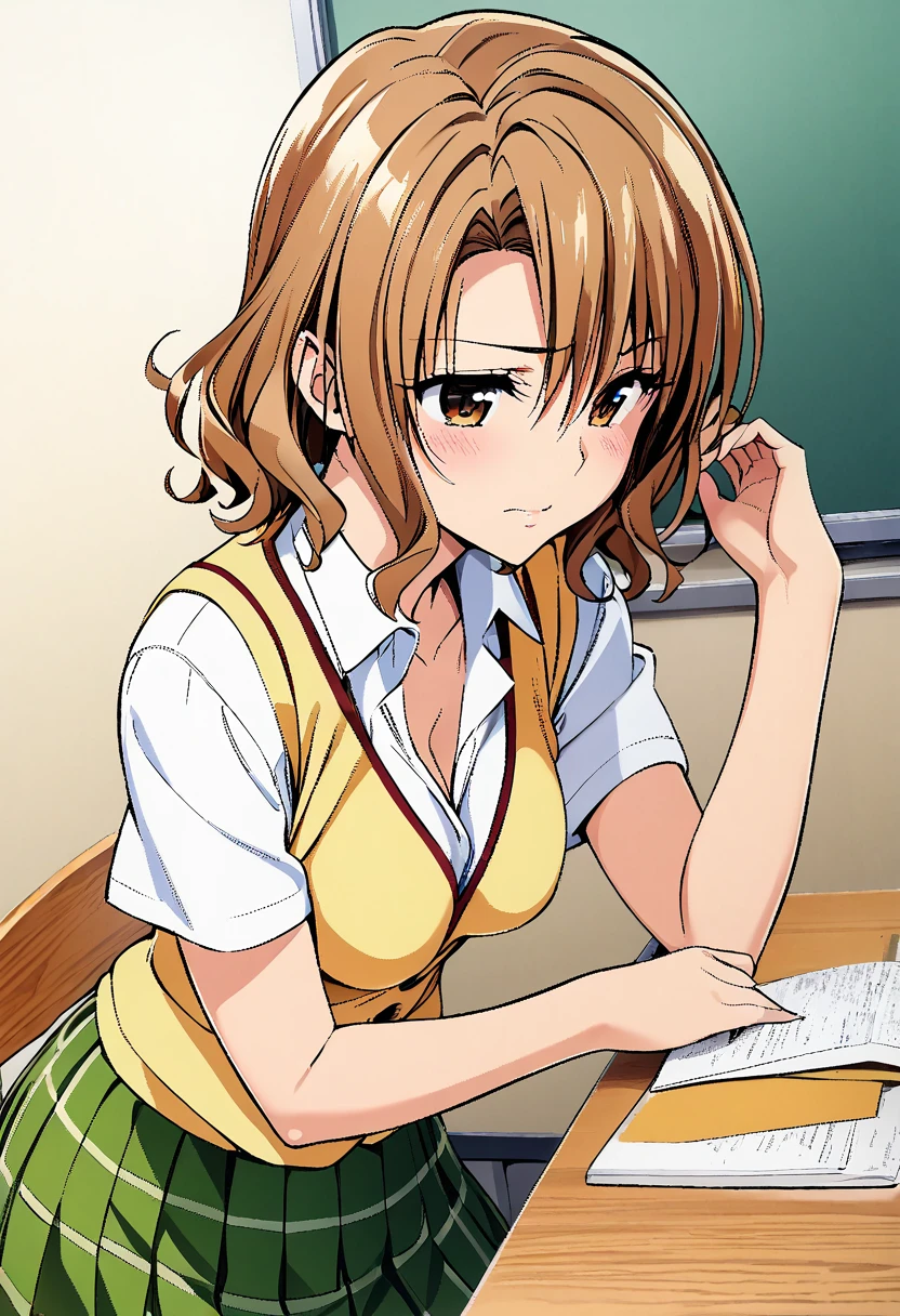 One girl, momioka risa, simple line art in yabuki kentarou style, blonde hair, short wavy hair,brown eyes,yellow vest,white shirt collar, cleavage,short sleeve,green plaid skirt with simple pleats, classroom, masterpiece, best quality, absurdres
