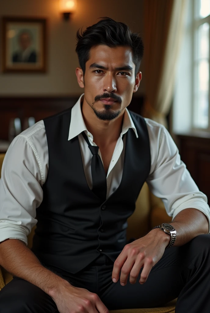 A handsome Japanese man,Beard, Mustache, Handsome sportsman,Broad shoulders and narrow waist,Dress shirt and tie,elegant, Sexy masculine,Handsome man in black and grey suit, Wear a shirt,The neckline is slightly open, Fabric that fits the body outlines the contours of the chest,Inside the cafe,Sit on a chair,expensive,Muscles feel good,Sunburn,Iris(Narrow eyes 1:3),Full body image