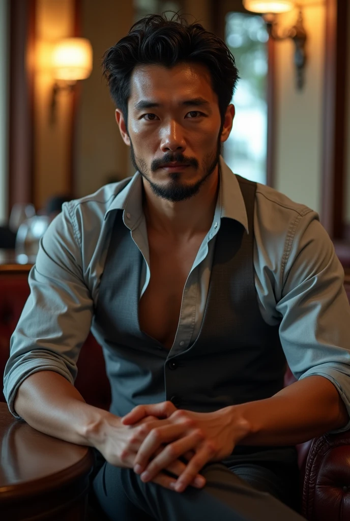 A handsome Japanese man,Beard, Mustache, Handsome sportsman,Broad shoulders and narrow waist,Dress shirt and tie,elegant, Sexy masculine,Handsome man in black and grey suit, Wear a shirt,The neckline is slightly open, Fabric that fits the body outlines the contours of the chest,Inside the cafe,Sit on a chair,expensive,Muscles feel good,Sunburn,Iris(Narrow eyes 1:3),Full body image