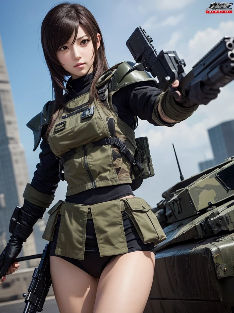 Masterpiece, best quality, ai-generated,official art, final fantasy, tifa lockhart, camouflage clothing,camouflage helmet, pleated skirt, Medium chest, A glimpse of thighs,random hair,perfect proportions, high detail skin, Cute, detailed faces, random sexy pose, precise fingers,panty shot Girl shooting automatic rifle, finely drawn automatic rifle, bulletproof suit, (turn towards the viewer), syncs body orientation and gaze, dynamic angle, battle, war,