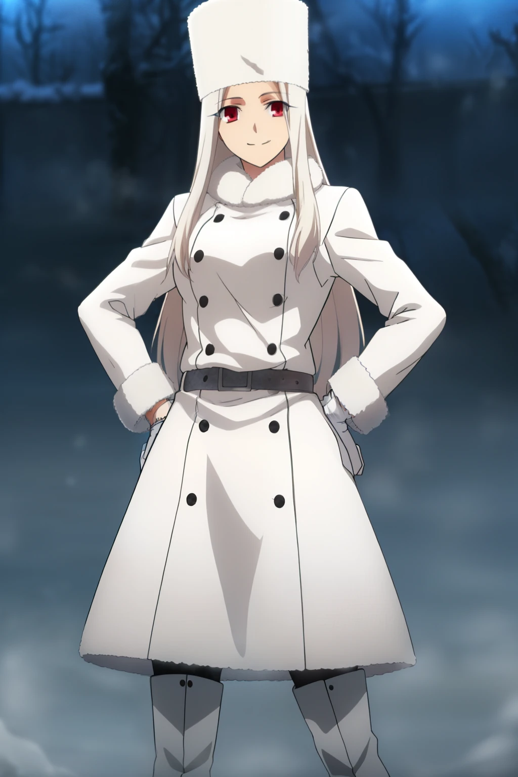 Irisviel Von Einzbern, (large breasts), oversized breasts, long hair, (platinum-blonde hair), white fur coat, (belt), white gloves, (knee-high boots), white fur hat, solo, facing the viewer, looking at the viewer, smile, hands on hips, closed mouth, (night time), (foggy weather), (snow)