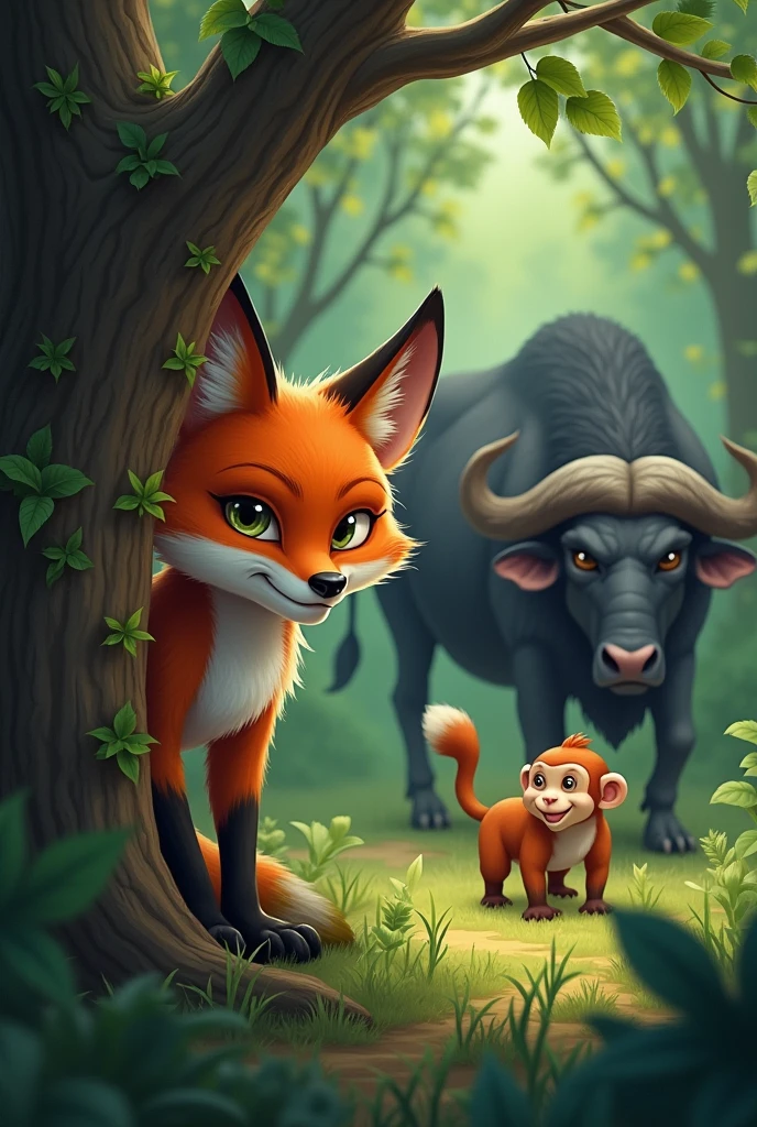 The Jealous Fox, Introduce a sly fox peeking from behind a tree, looking envious of the monkey and buffalo.