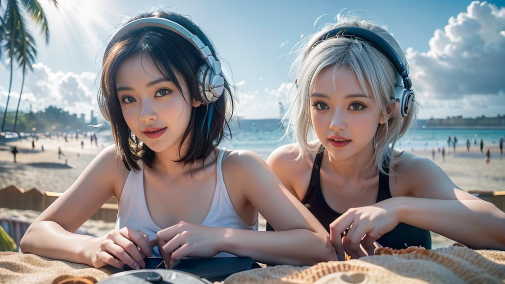 (ultra detailed, 16K resolution, Cinema lenses, rendering by octane), (high resolution:1.18), intricate detail, (masterpiece:1.1), (highest quality:1.1), (1girl, portrait, white hair, blue eyes, short hair, detailed eyes),Wearing silver DJ headphones, T-shirt, (in the beach:1.5), (Iconic hip-hop pop costumes:1.3), Smile while DJ on stage, DJ studio next to the beach, ((A stylish DJ stage on a hill overlooking the beach)), Photorealistic photography by Sunshine, (cute round face:1.3), perfect fingers, five fingers, beautiful fingers, perfect hands. cute smile, Fixhand.