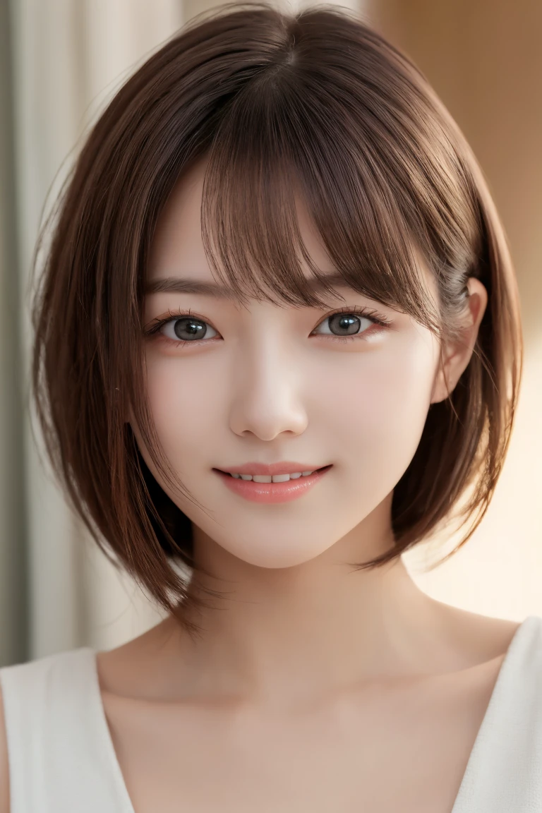 masterpiece, Highest quality, One Woman, (RAW Photos, Highest quality), (reality, Realistic:1.4), Tabletop、reality的、Stereoscopic lighting、Professional Lighting、Face Light、Smooth lighting、sexy、Sunburned skin、very detailed eyes and face, Beautiful and detailed nose, beautiful eyes, Perfect Anatomy、Bobcut、Brunette Hair 、bangs、A cool smile、Face Focus、indoor、