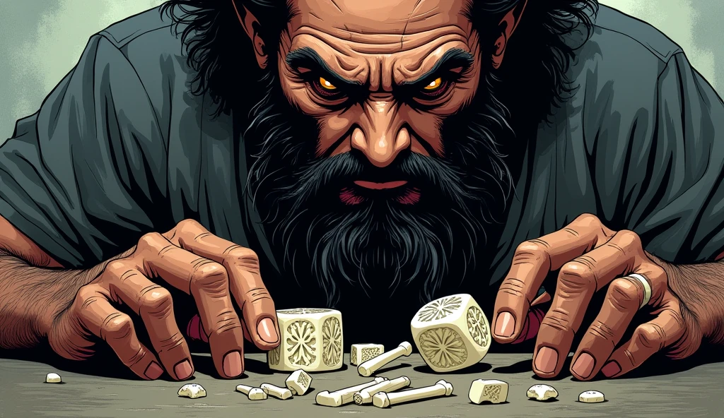 A close-up of Shakuni Indian king crafting longer dice from the bones of his brothers, his eyes filled with vengeance.in comic style 