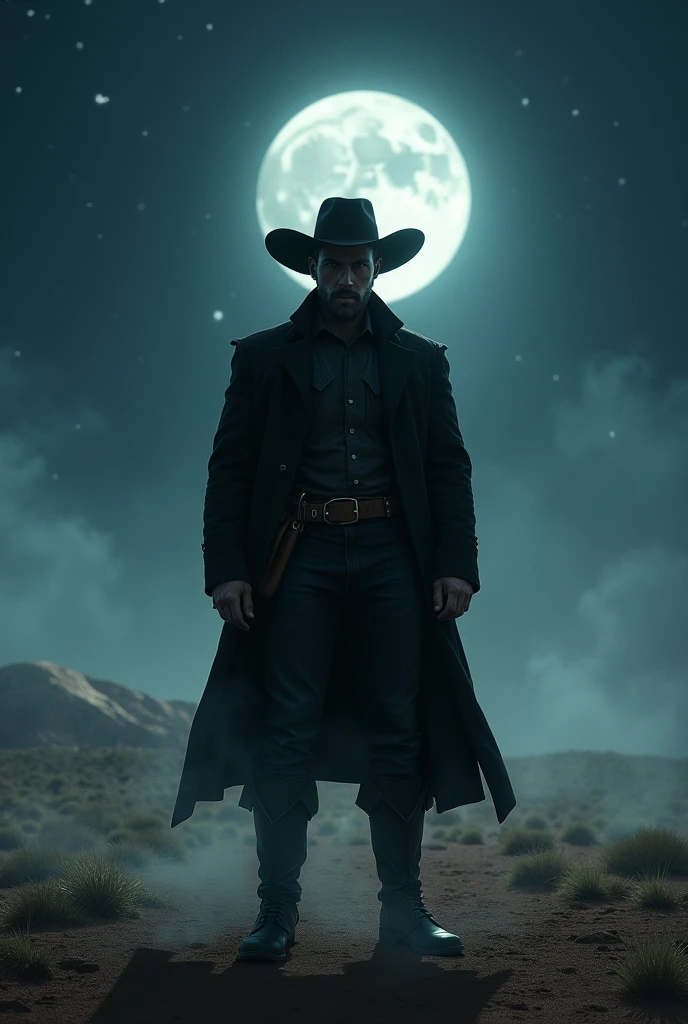 A Cowboy from the Old West, of German ethnicity, who hunts Monsters and supernatural Creatures, with athletic physique, in black clothes, in the middle of the desert, with a starry sky and the full moon above it, in a mystical and dark atmosphere, darkened image
