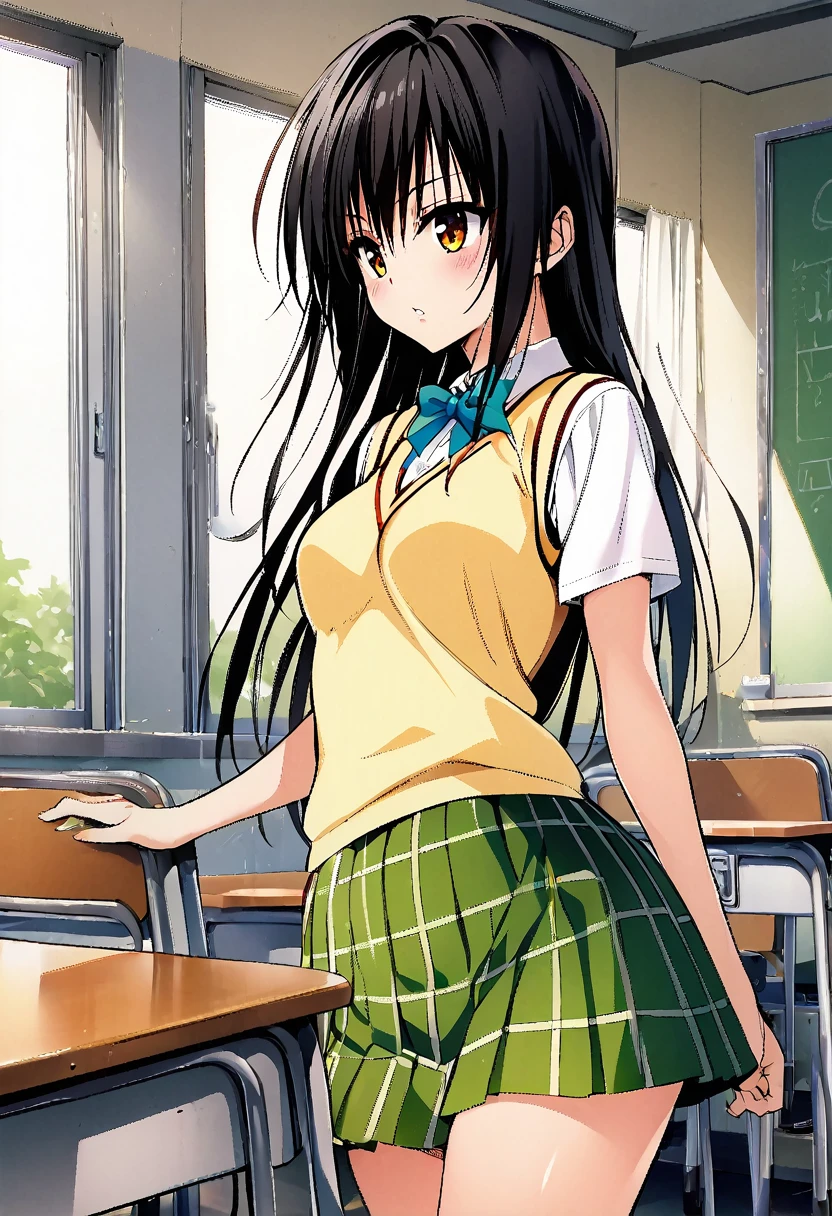 One girl, Kotegawa Yui, simple line art in yabuki kentarou style, black hair, long hair,yellow vest,short sleeves,white shirt collar, green plaid skirt with simple pleats, classroom, masterpiece, best quality, absurdres