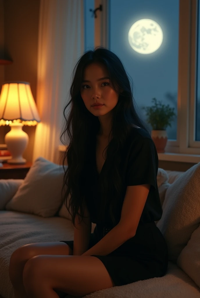 (photorealism:1.2), beautiful woman, sitting on couch, wearing black shirt top, black skirt, long black straight hair, indoors, soft lighting, window in background, window with moonlight, cozy room, relaxed pose, realistic, intricate details, warm colors, by Greg Rutkowski, by Alphonse Mucha