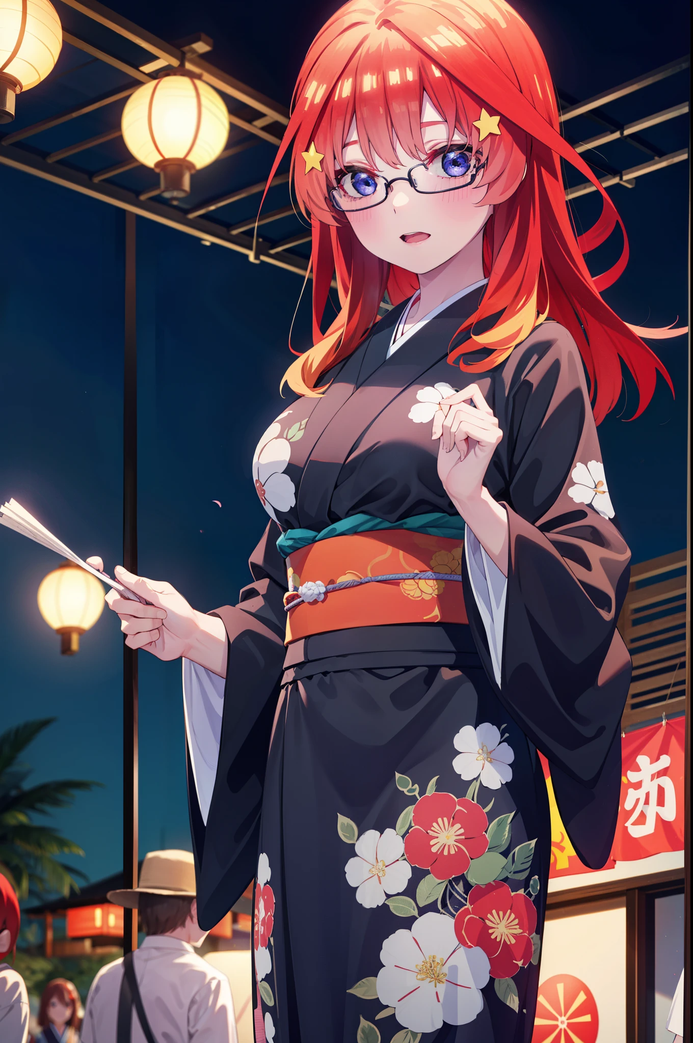 itsukinakano, Itsuki Nakano, bangs, blue eyes, Hair between the eyes, Ahoge, Redhead, star \(symbol\), hair ornaments, star hair ornaments,花のhair ornaments,Black-rimmed glasses,hair tied back,smile,blush,Open your mouth,Big Breasts,night,Red Kimono,Long skirt,He is holding cotton candy in his right hand and a clear bag full of cotton candy in his left hand.,Japanese Festivals,Summer festival food stalls,Red lantern,whole bodyがイラストに入るように,
break looking at viewer,whole body, (Cowboy Shot:1. 5),
break outdoors, Veranda,
break (masterpiece:1.2), Highest quality, High resolution, unity 8k wallpaper, (figure:0.8), (Beautiful attention to detail:1.6), Highly detailed face, Perfect lighting, Highly detailed CG, (Perfect hands, Perfect Anatomy),