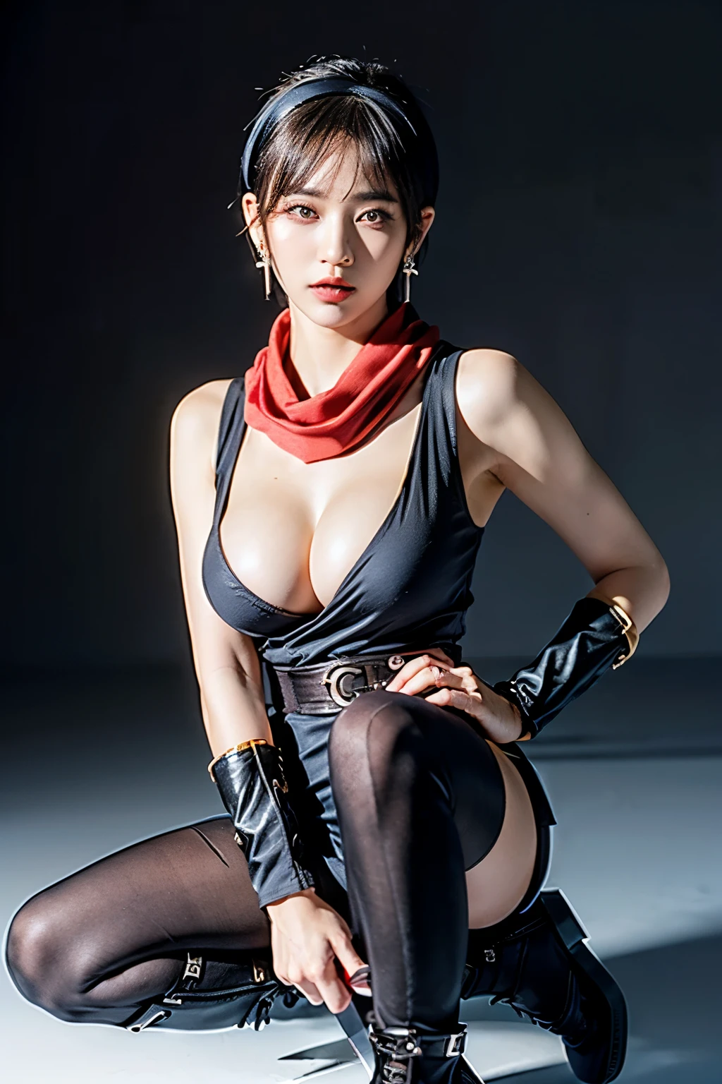 (RAW shooting:1.2, Photoreal:1.5, 8k:1.2, highest quality:1.2, masterpiece:1.2, ultra high resolution:1.2), (perfect dynamic composition:1.2, Highly detailed skin and facial textures:1.2,beautiful and aesthetic:1.2, full body:1.2, Fair skin:1.2), (large breast:1.4, Chest gap:1.4), (perfect limbs:1.2), (perfect fingers:1.2),(1girl:1.2,tall:1.2,sexy:1.2,asian:1.2,glamour:1.2,makeup:1.2),(sitting:1.2,chair:1.2,legs together:1.2),(earrings:1.2),(ragnarok_ninja:1.2),(red ninja scarf:1.2),(black short hair cut:1.2),(hairband:1.2),(double eyelid:1.2),(sash:1.2),(knife:1.5),(simple background:1.2),(thigh tights:1.2),(ninja boots:1.2),
