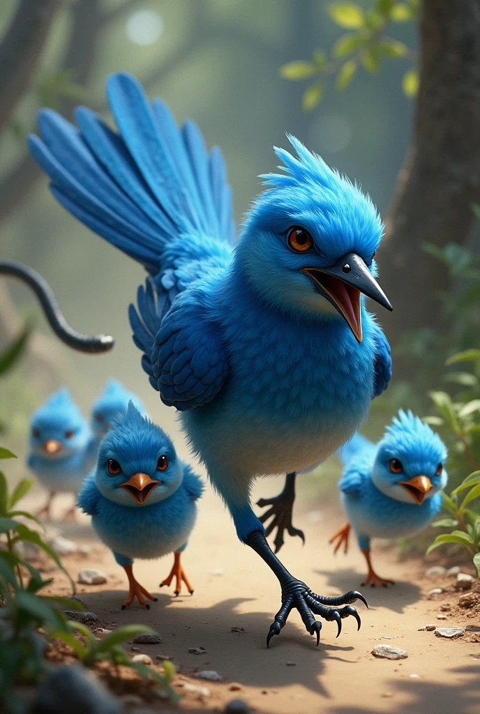 Fleeing to Safety: After battling the snake, the bird escapes with her chicks to a safe location. The bird's blue feathers and the chicks' blue skin are prominent in this escape scene.