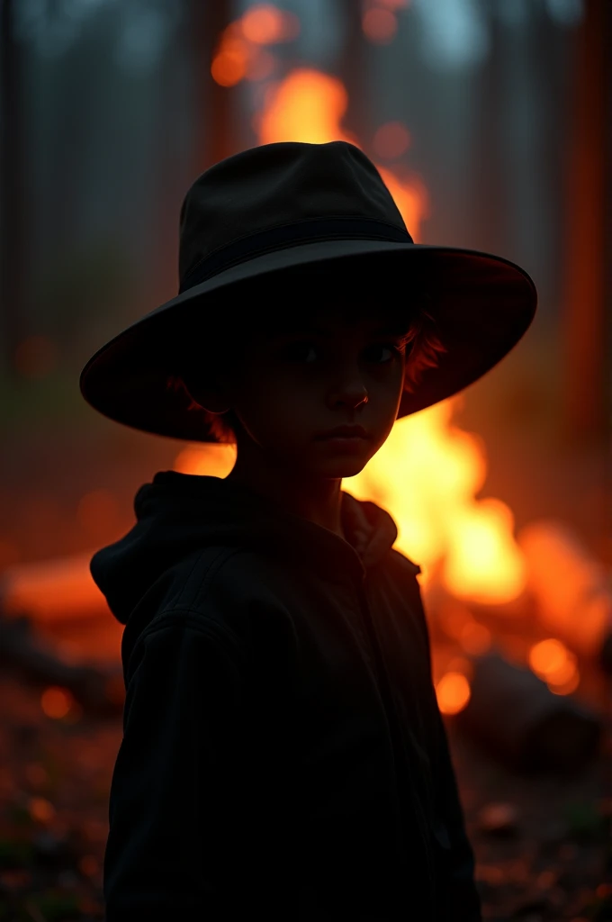 A boy with a hat, Only the silhouette of his face is visible thanks to the light of a campfire